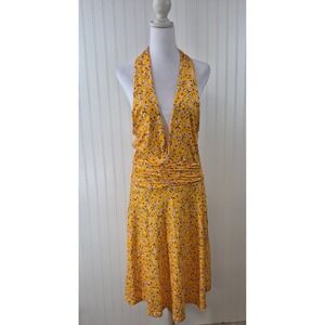NEW HUHOT Yellow Floral Halter Neck Ruched Waist Midi Dress 
Size M Summer
